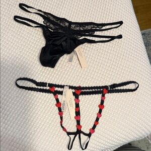 Victoria's Secret Black and Pink Heart Lace Thong Set